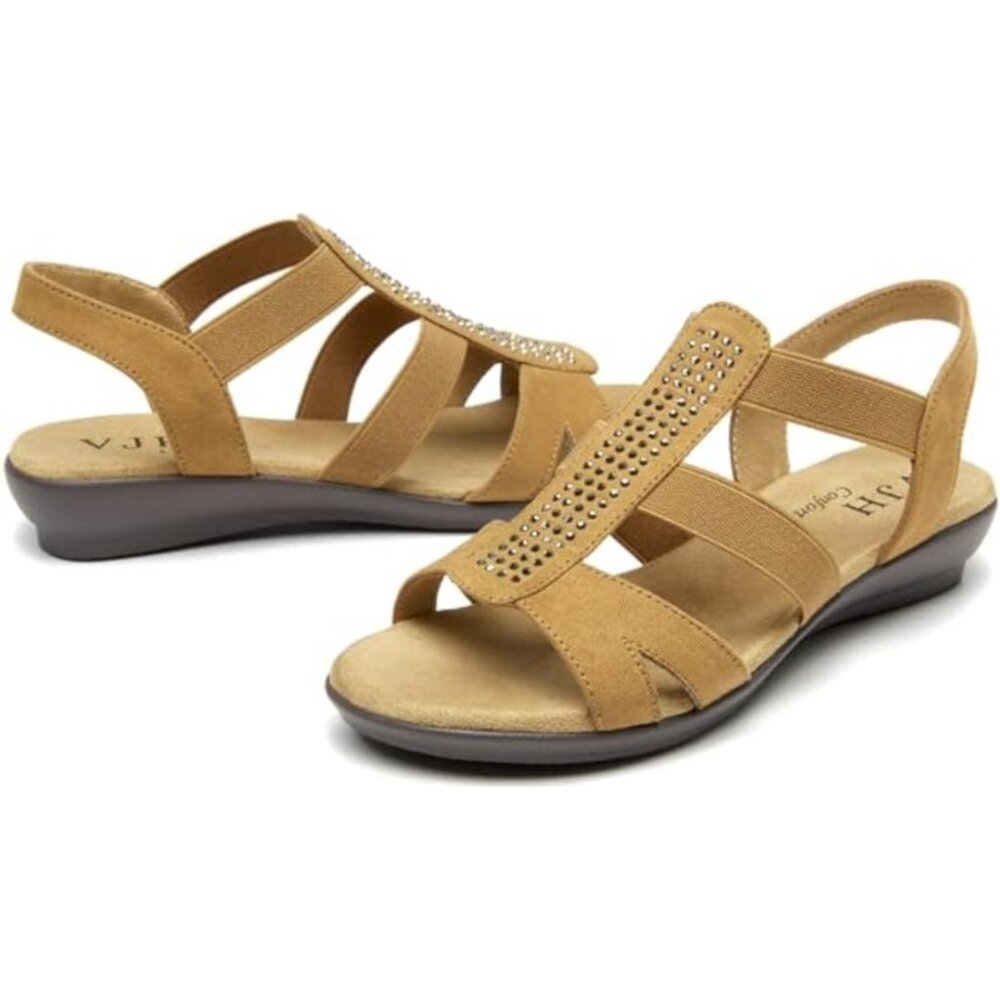 VJH Confort Low Wedge Rhinestone Slide Sandal Tan Womens Size 5 Vegan Leather